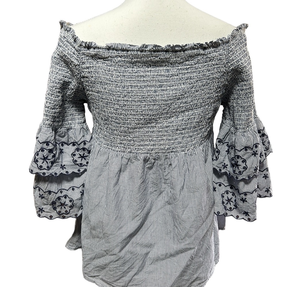BeachLunchLounge, large, blue embroidered off the shoulder top. Cotton. - Picture 2 of 10